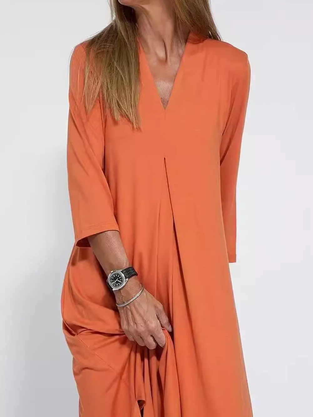 Full Size V-Neck Solid Color Casual Midi Dress Plus Size, image 2