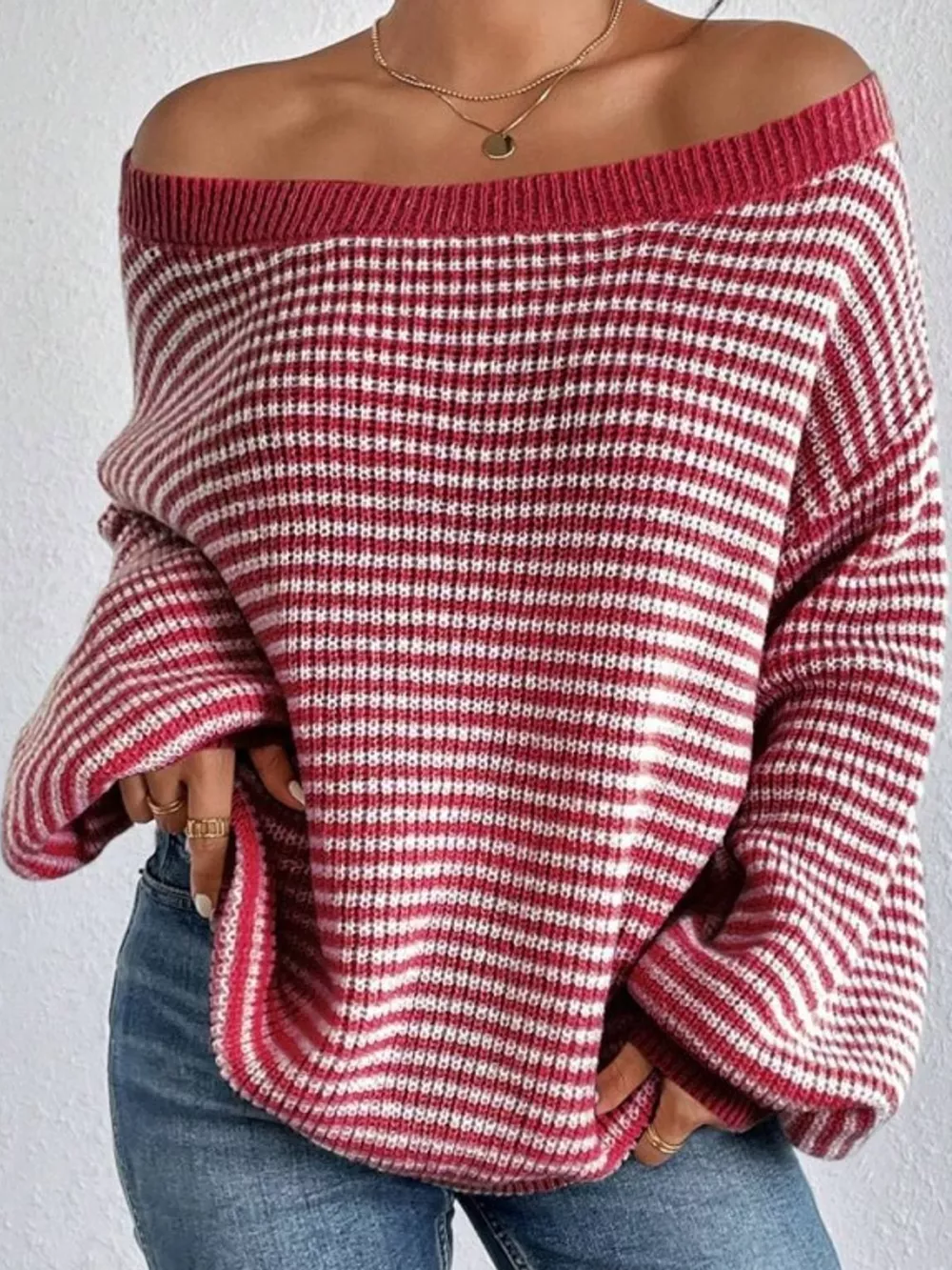 Striped Knit Boat Neck Sweater, image 2