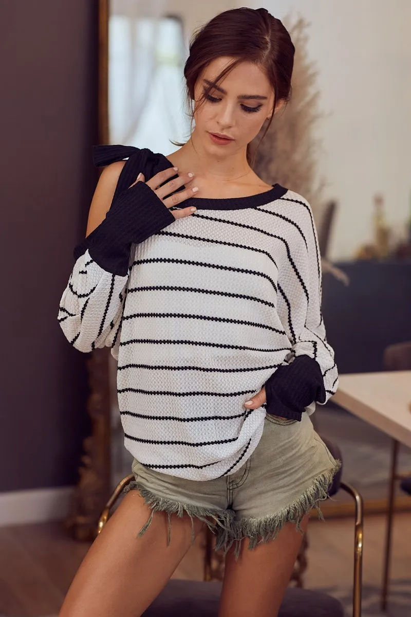 Stripe Yarn Dye Waffle One Shoulder Ribbon Detail Top, image 13