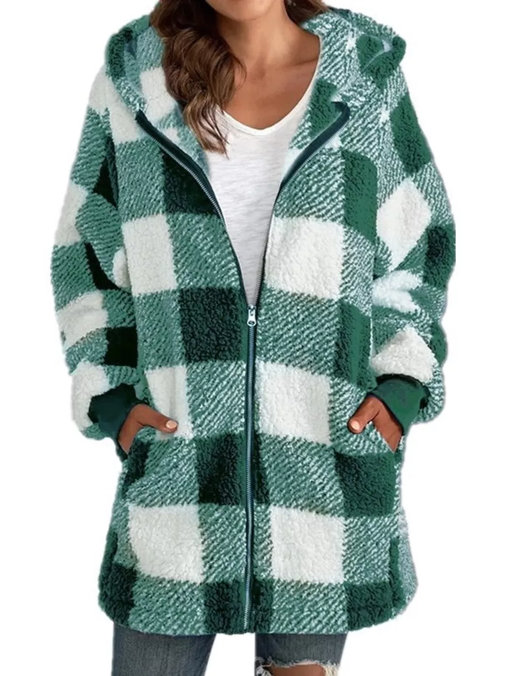Full Size Plaid Sherpa Hooded Zip-Up Outerwear Plus Size, image 22