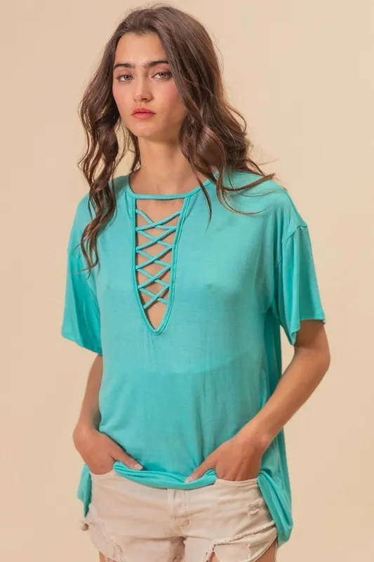 Jersey Knit Top with Criss Cross Front Neck Detail, image 2