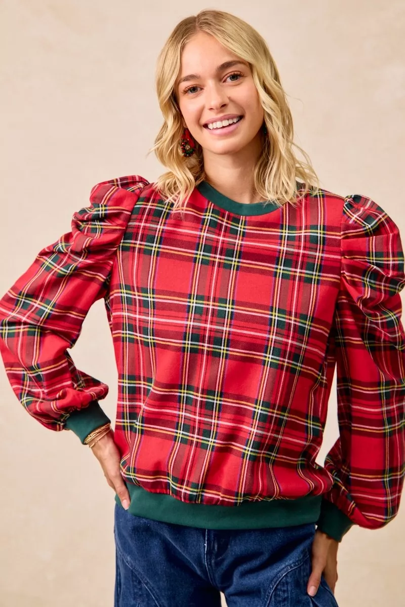 Christmas Plaid Exaggerated Shoulder Sleeves Top, image 2