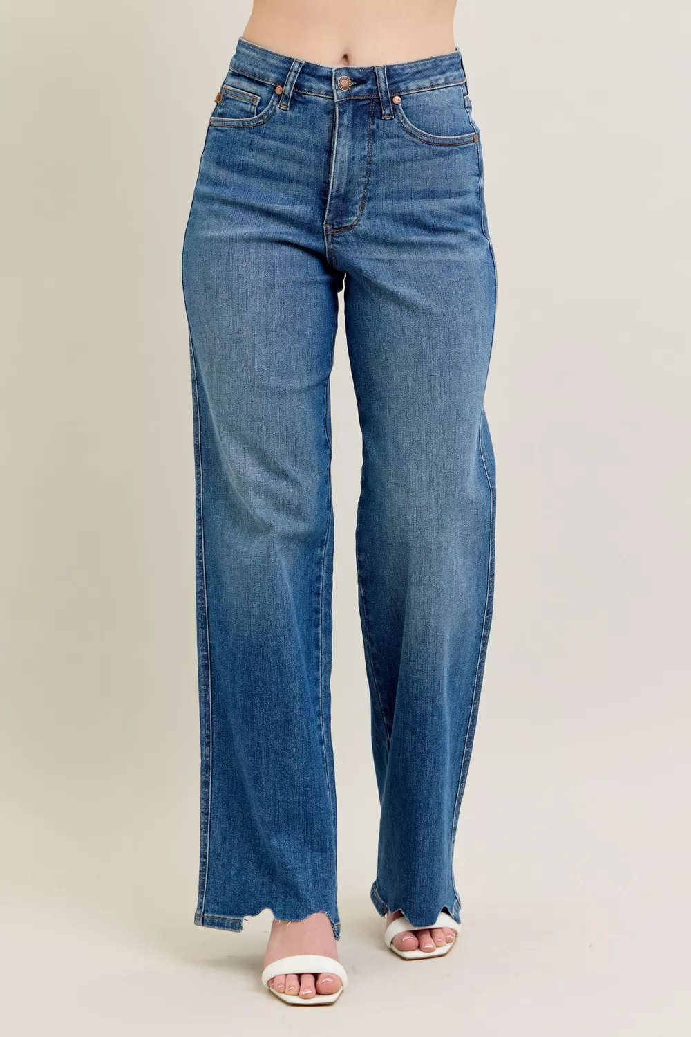 Full Size High Waist Tummy Control Chew Hem Destroy Wide Jeans Plus Size, image 10