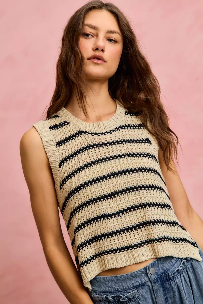 Low Gauge Textured Stripe Sleeveless Sweater Top, image 3