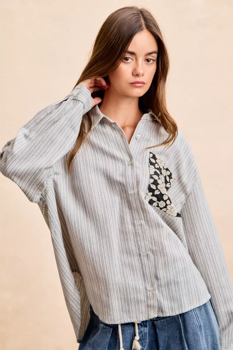 Flower Jacquard Knit Patch Pocket Stripe Shirt, image 3