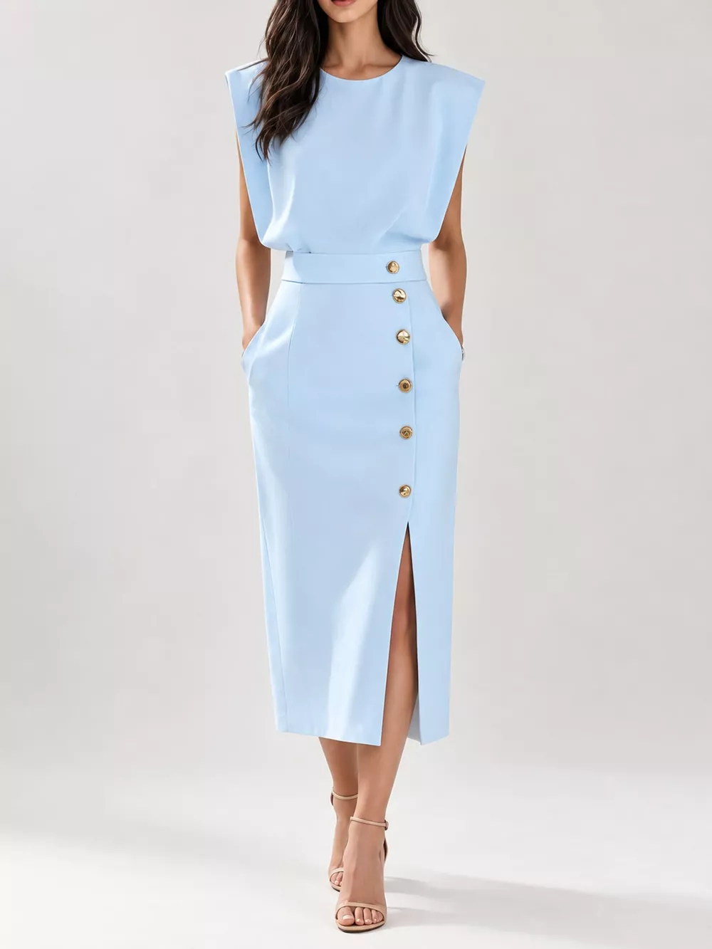Sleeveless Midi Dress with Gold Button Detail and Side Slit, image 26
