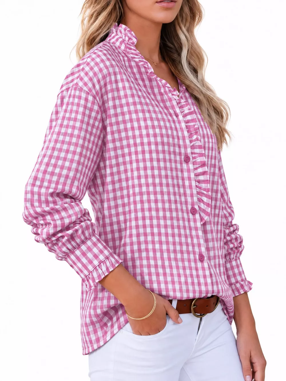 Gingham Ruffle Trim Stand Collar Shirt, image 12