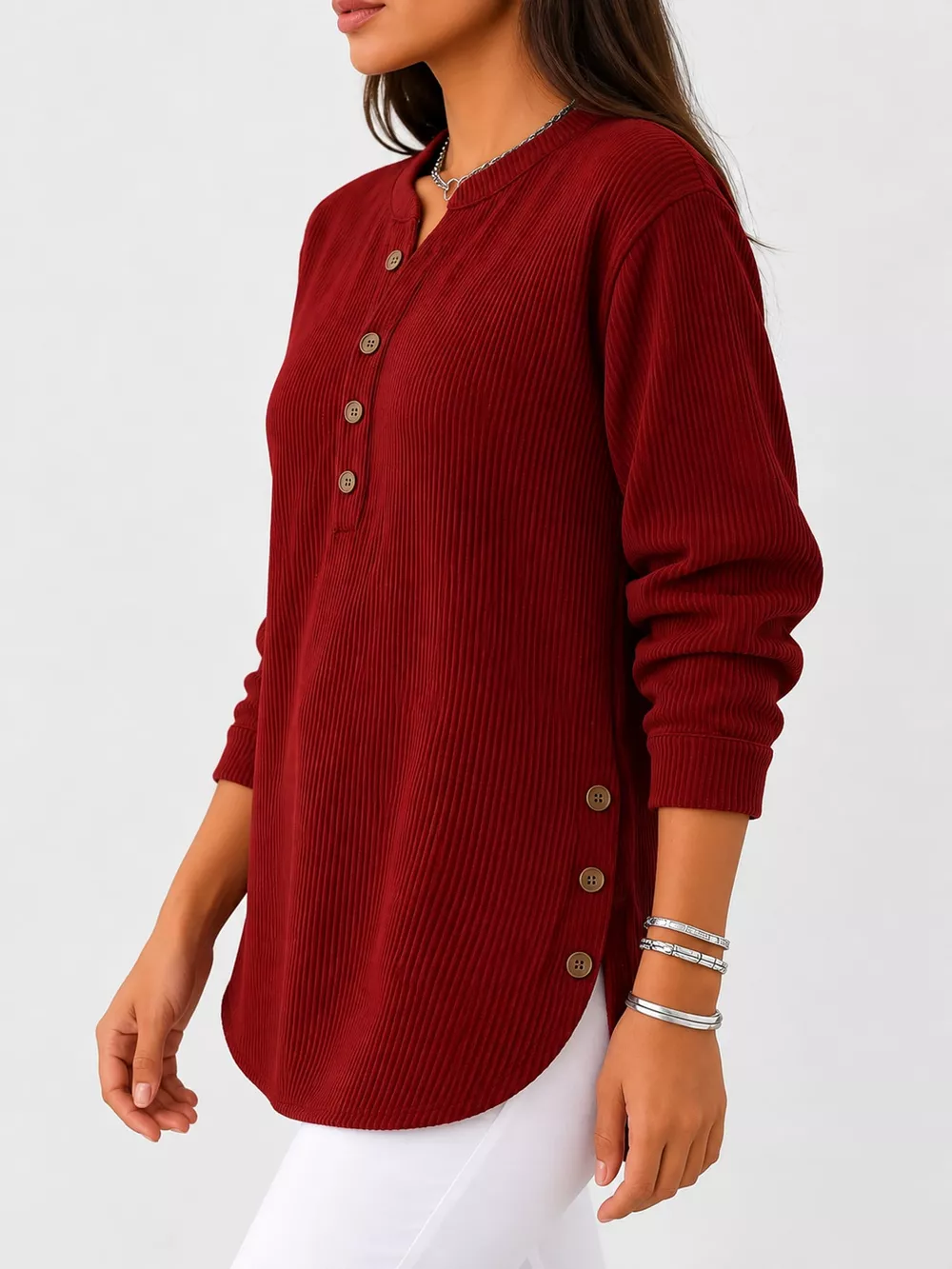 Full Size Button Detail Long Sleeve Top Plus Size, image 2