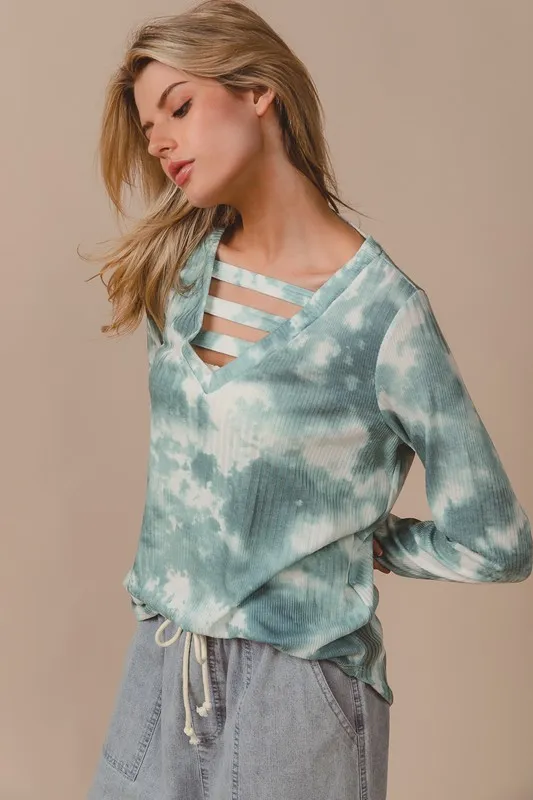 Variegated Tie Dye Rib V-Neck Top with Strapped, image 6
