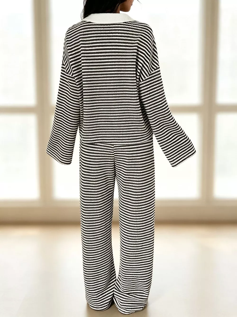 Striped Long Sleeve Polo and Wide-Leg Pants Set, image 9
