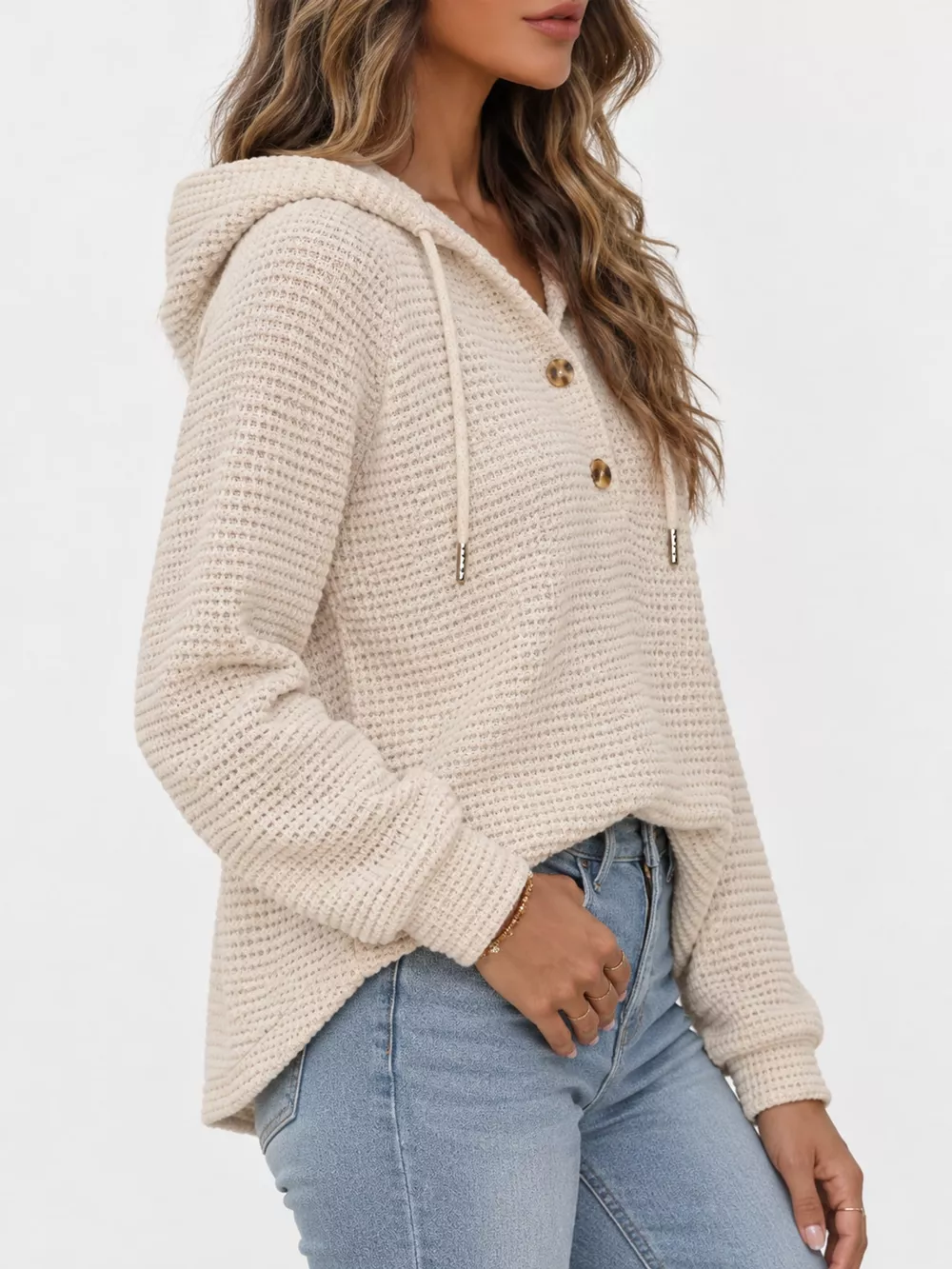 Full Size Waffle Knit Button Detail Hoodie Plus Size, image 5