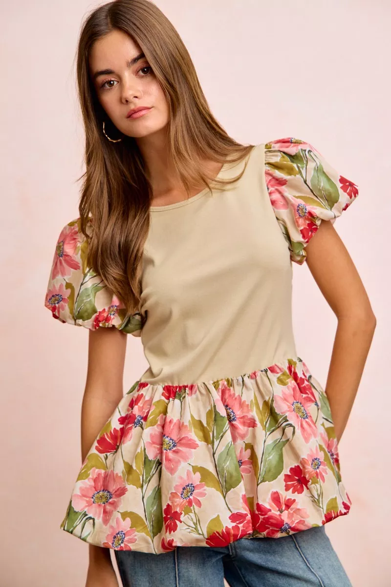 Floral Printed Bubble Sleeves and Hem Peplum Top, image 3
