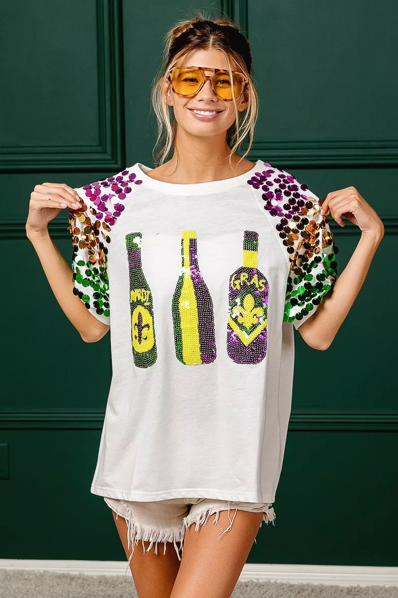 Sequin Mardi Gras Bottles Spangled Sleeve Top, image 3