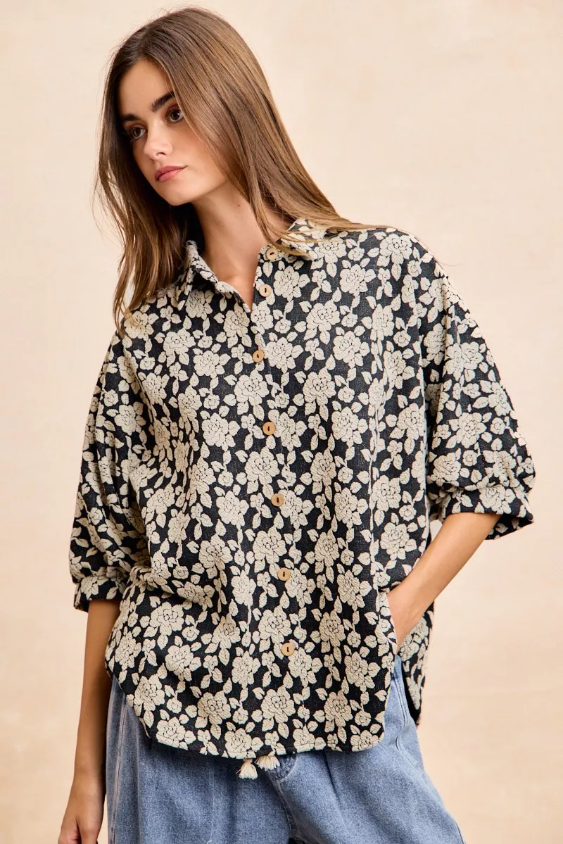 Floral Jacquard Short Dolman Sleeves Shirt, image 4