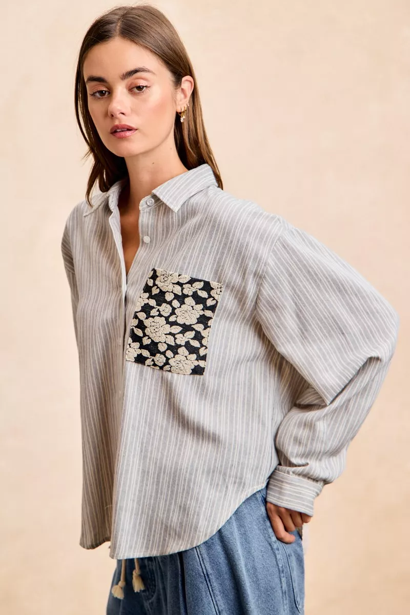 Flower Jacquard Knit Patch Pocket Stripe Shirt, image 4