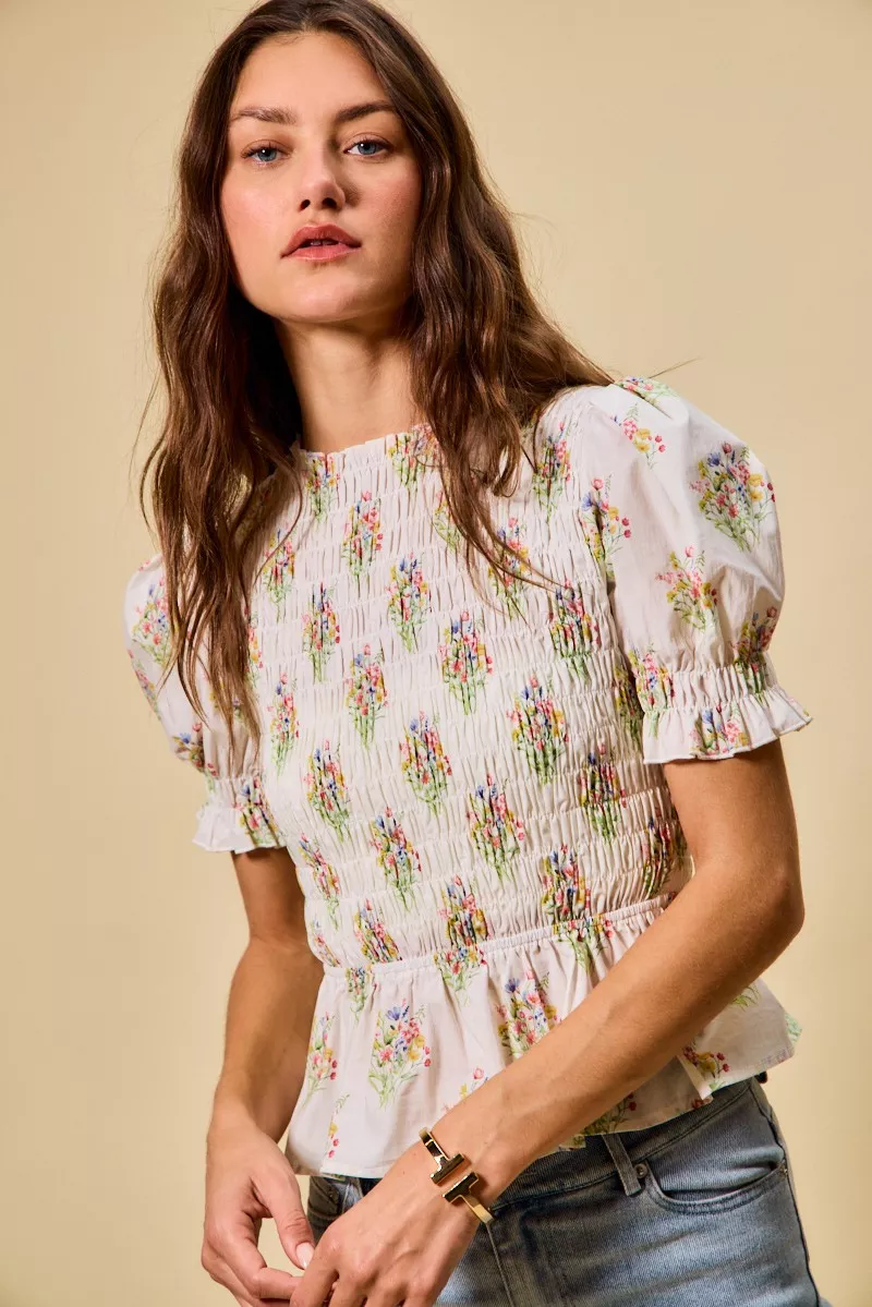 Floral Cotton Smocked Short Sleeves Blouse, image 3