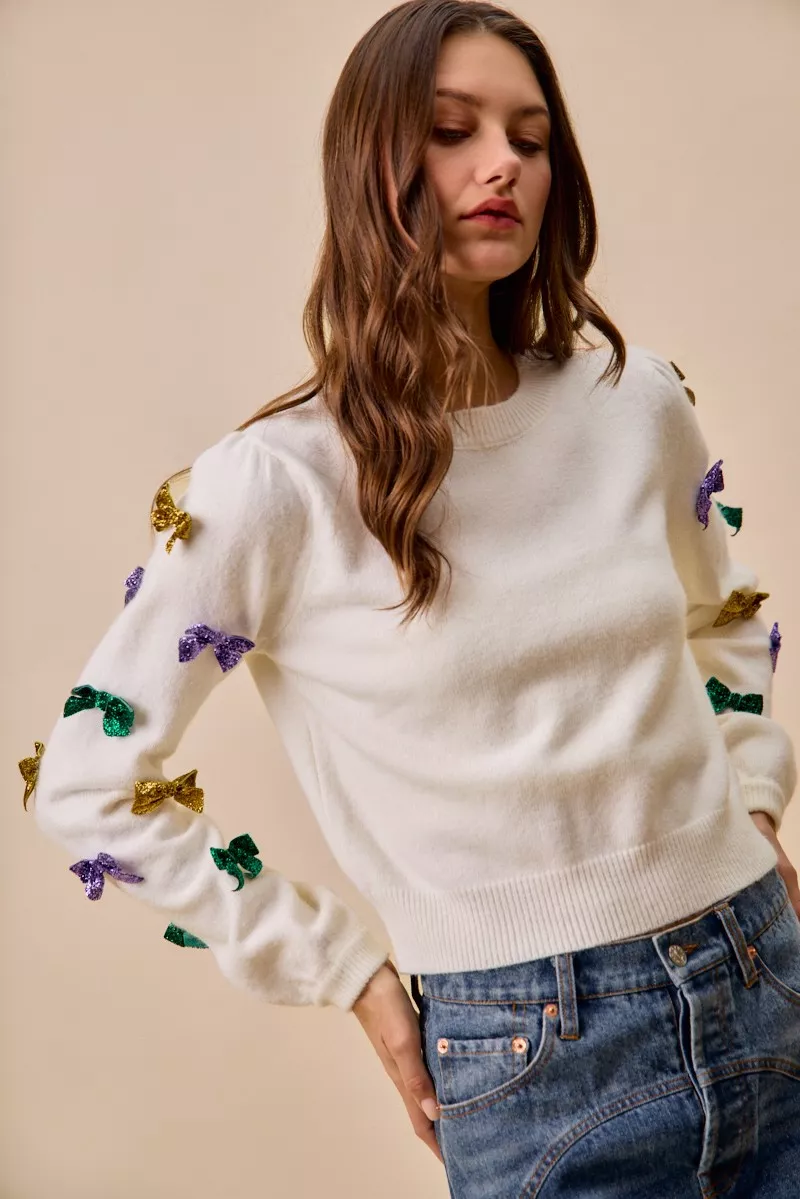 Mardi Gras Glitter Bow Ribbon Sweater Knit Top, image 26