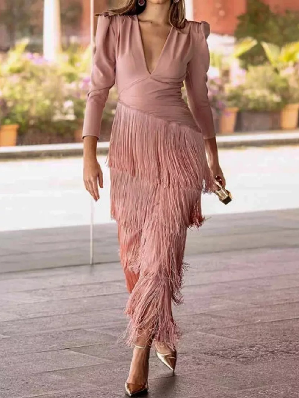 V-Neck Fringe Midi Dress