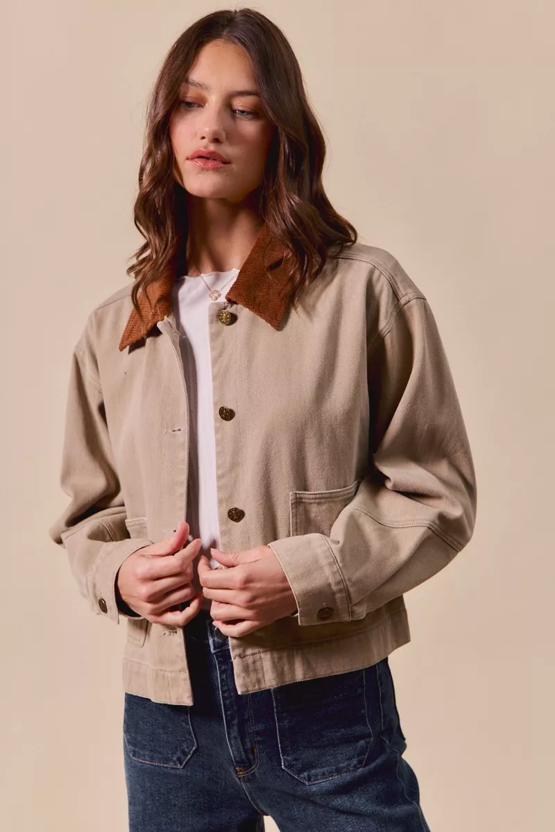 Cotton Twill Cropped Barn Jacket wtih Collar, image 10