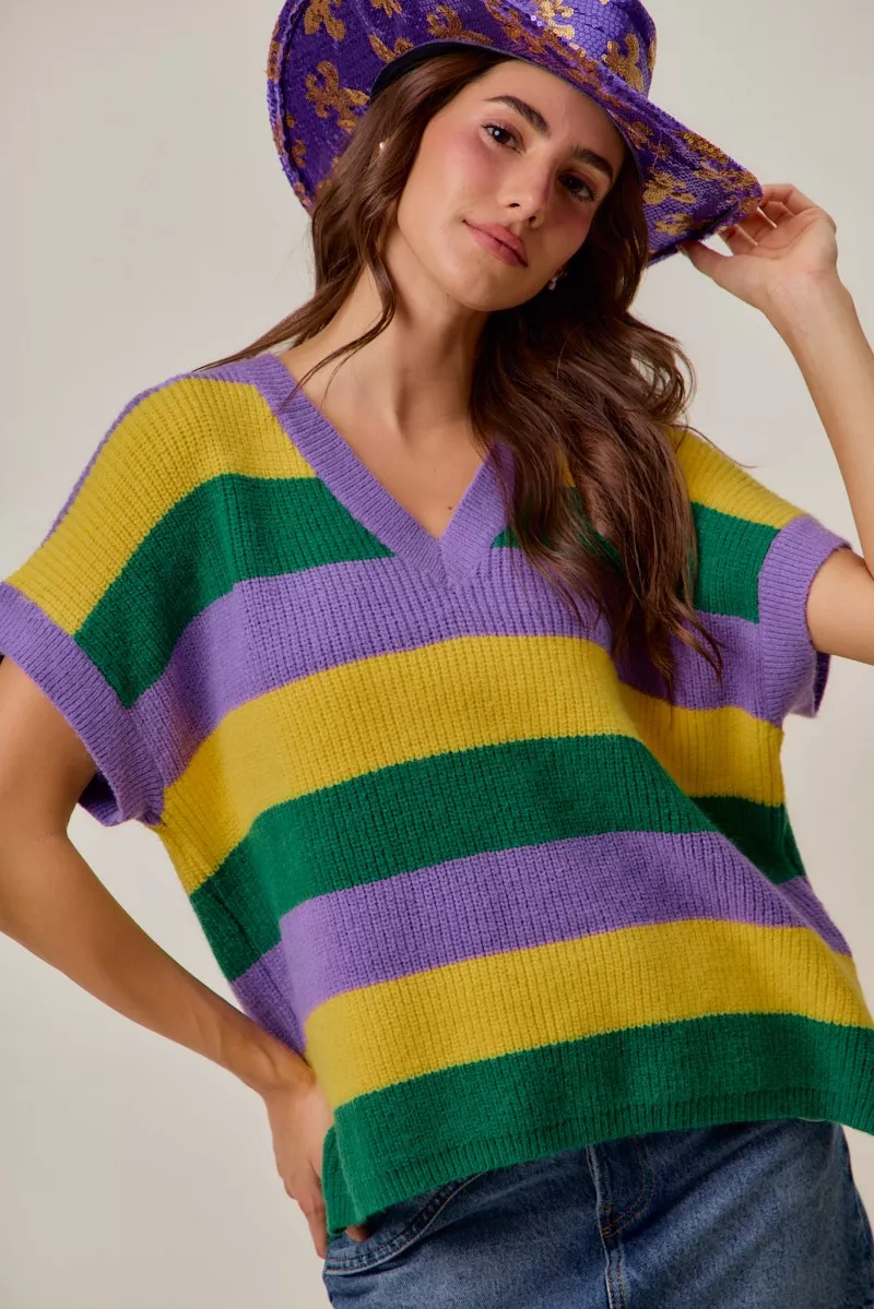 Mardi Gras Loose Fit V Neck Stripe Sweater Top, image 5