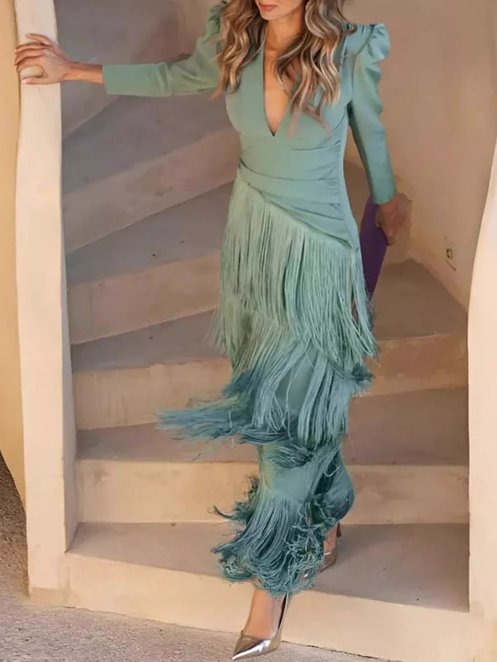 Fringed V-Neck Puff Sleeve Maxi Dress, image 3