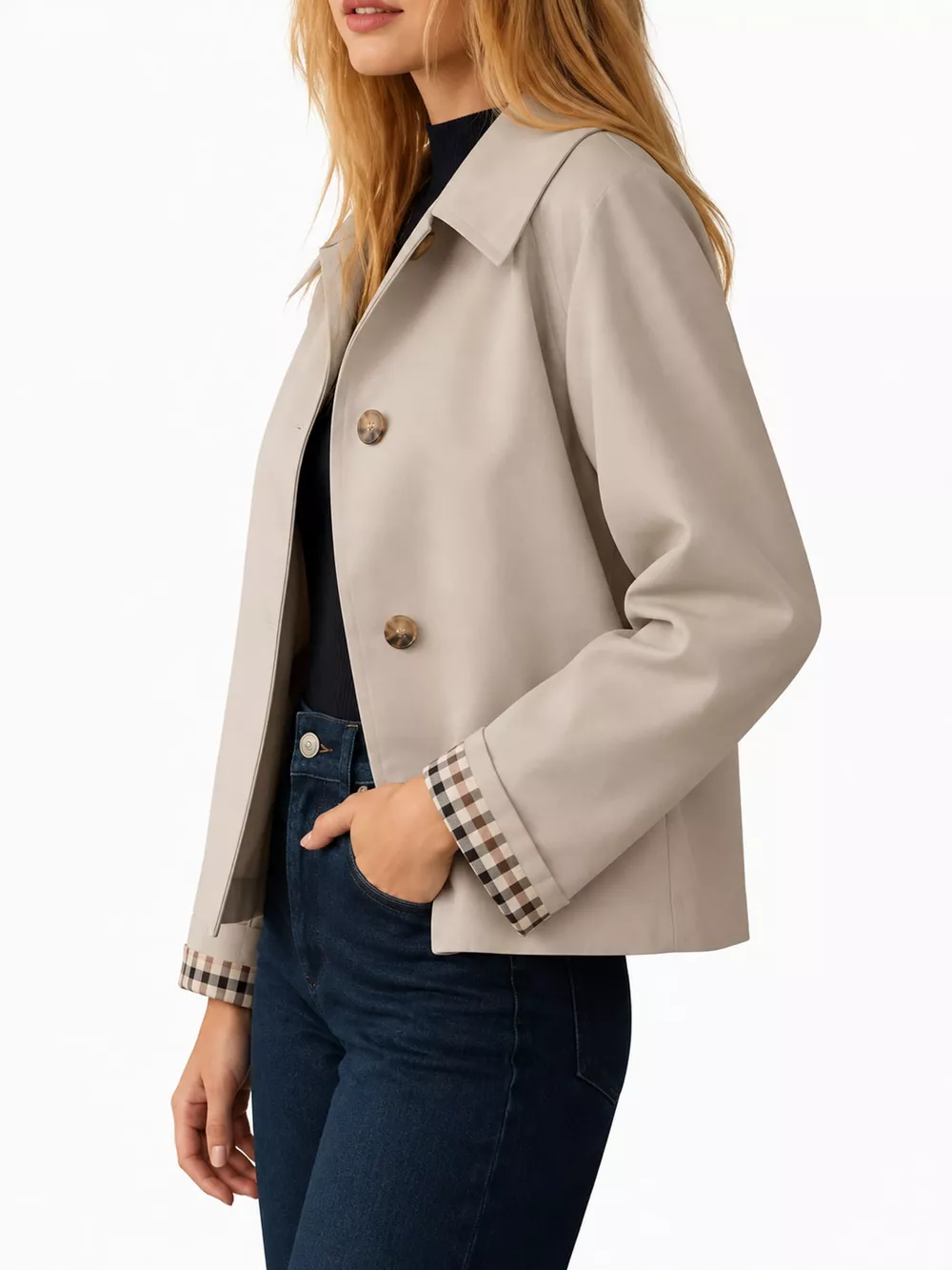 Plaid Cuffs Cropped Trench Outerwear, image 2