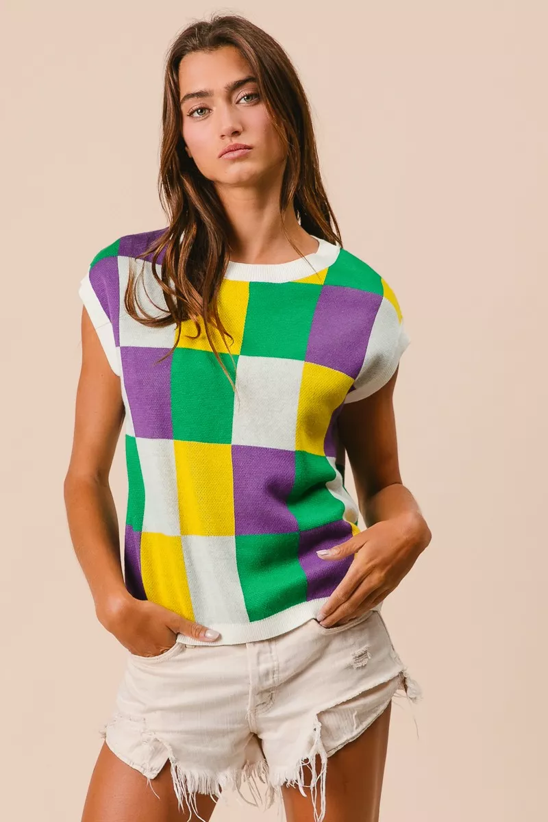 Mardi Gras Checker Pattern Sleeveless Sweater Top, image 12
