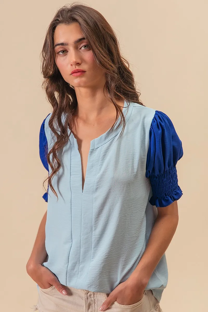 Air Flow Color Block Puff Sleeves V Neck Top, image 4