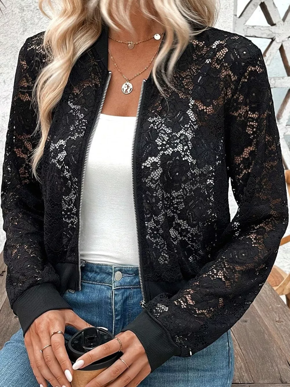 Sheer Lace Zip Up Jacket, image 4