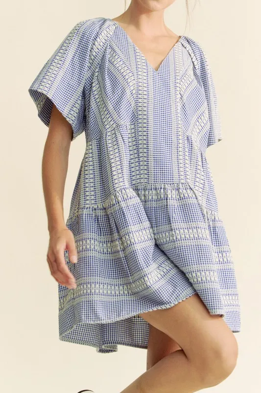 Embroidered Stripe Ruffled Gingham Mini Dress, image 2