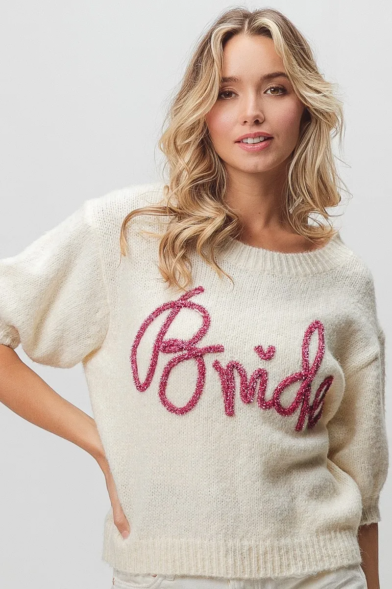 Metallic Letter Short Puff Sleeve Hairy Sweater, image 13