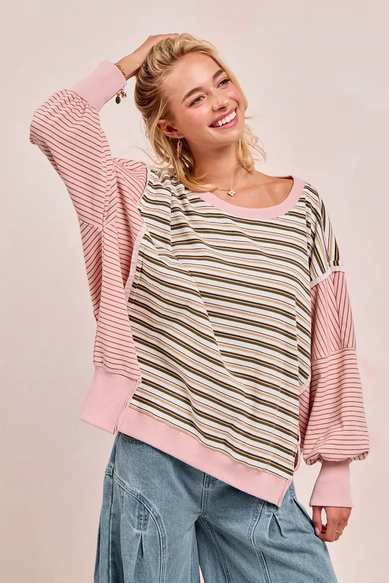 Stripe Mixed Top With Cut Edge And Reverse Outseam, image 2