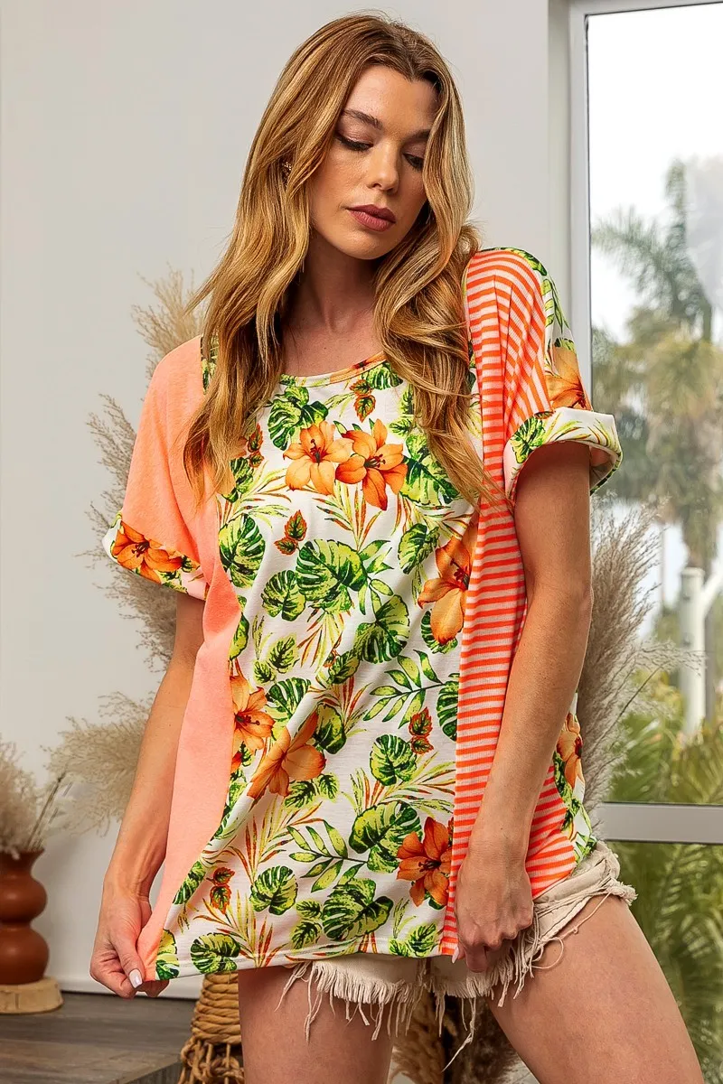Floral W Stripe Color Block Dolman Sleeves Top, image 3