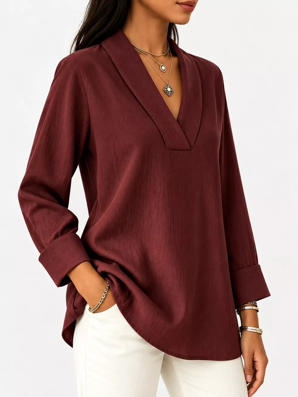 Full Size V-Neck Long Sleeve Blouse Plus Size, image 7