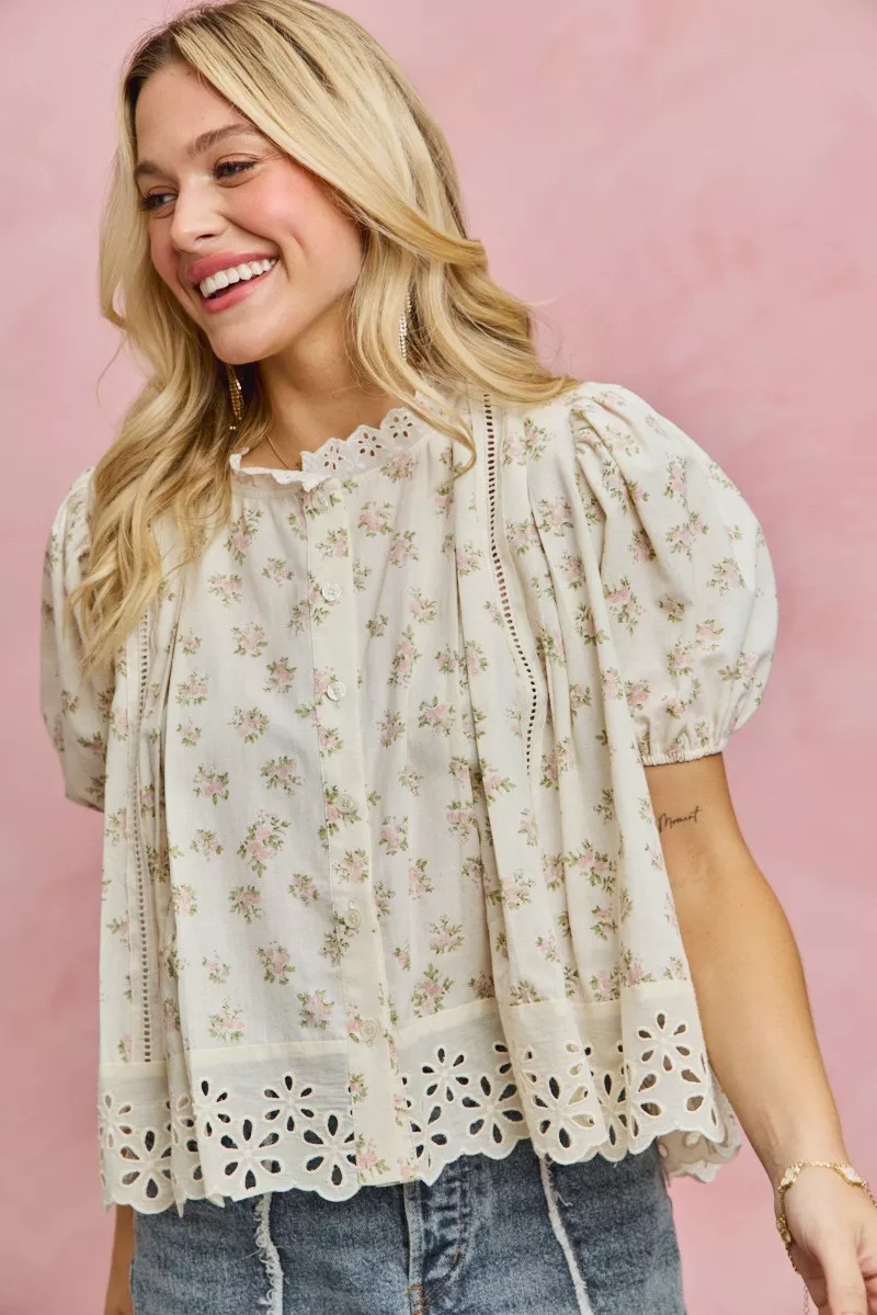 Floral Print Lace Trim Short Sleeves Blouse, image 2