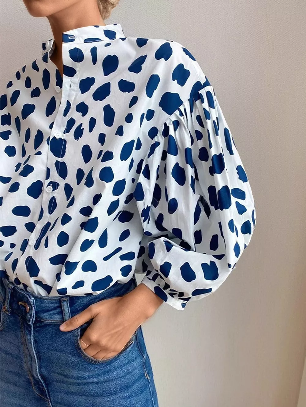 Printed Puff Sleeve Button-Down Shirt, image 3