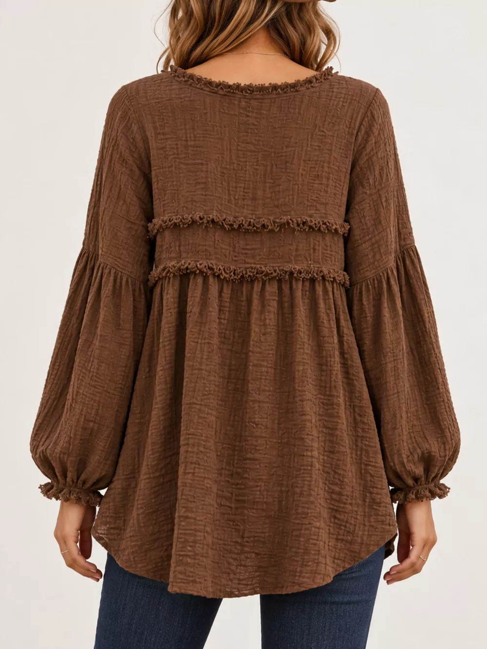 Full Size Boho Chic Textured Frayed Trim Peplum Blouse Plus Size, image 22