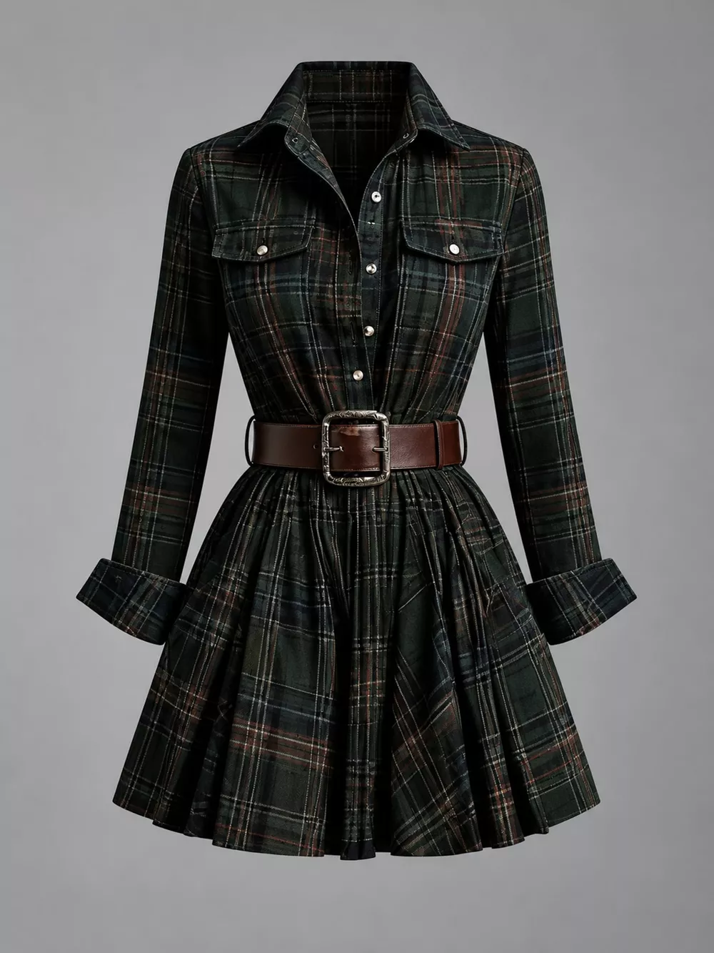 Plaid Long-Sleeve Shirt Dress, image 13