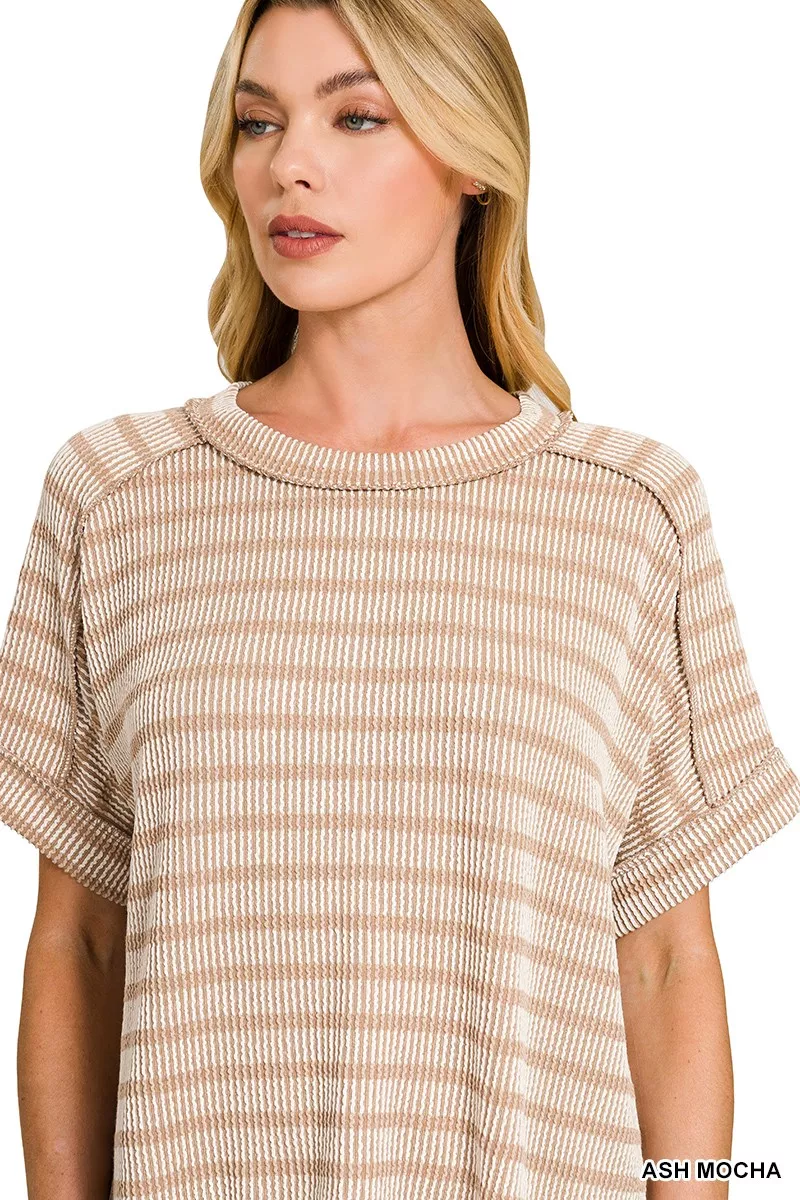 Raised Rib Striped Exposed Seam Top, image 3