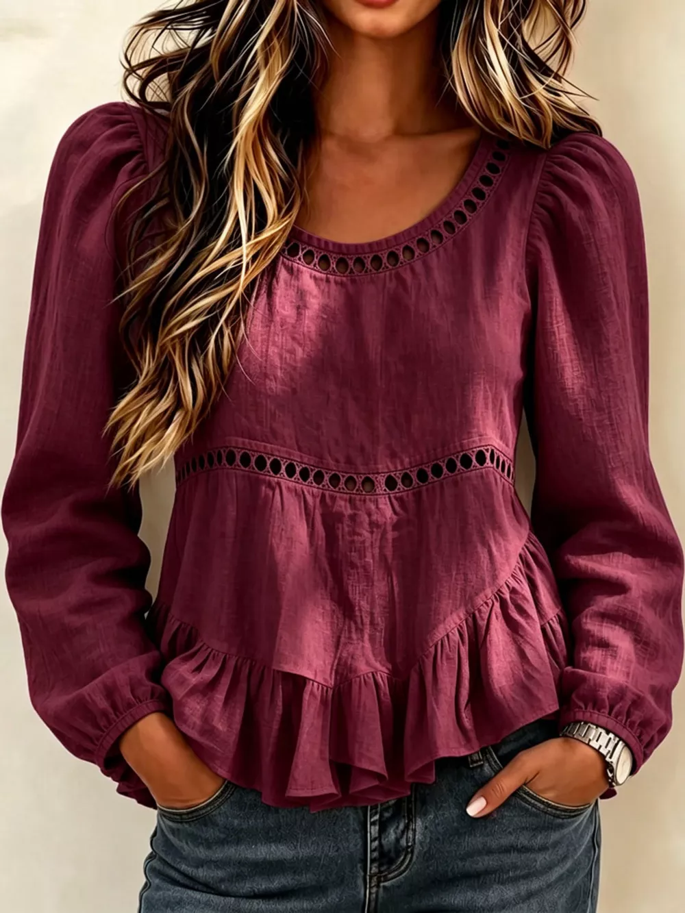 Long Sleeve Blouse with Eyelet Lace Trim and Ruffled Hem, image 13