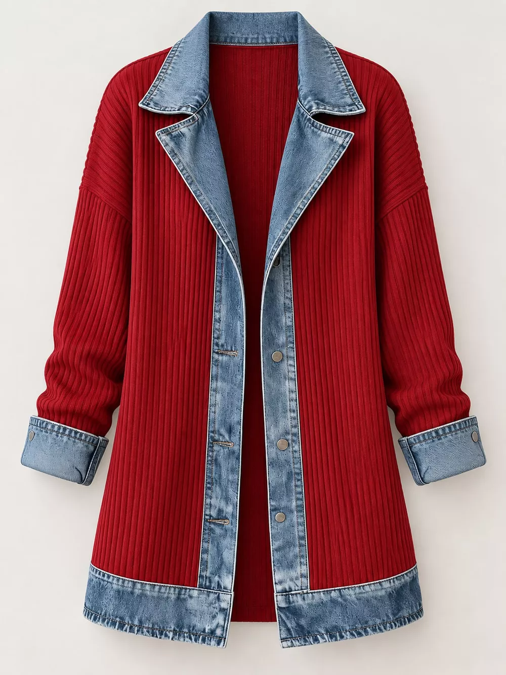 Full Size Denim Trim Ribbed Knit Cardigan Plus Size, image 21