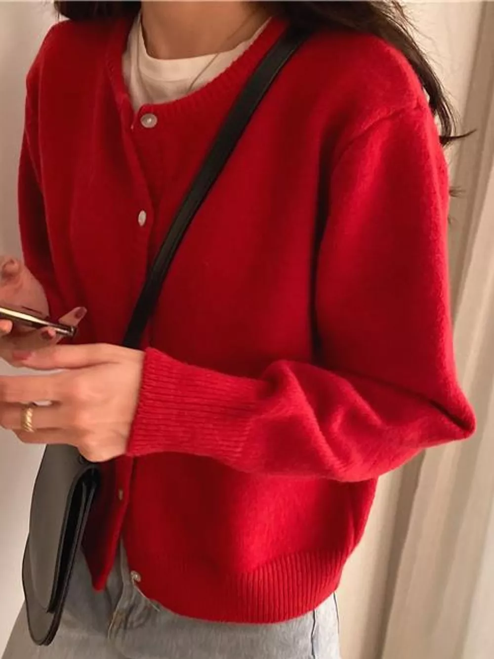 Crew Neck Button-Down Knit Cardigan, image 3