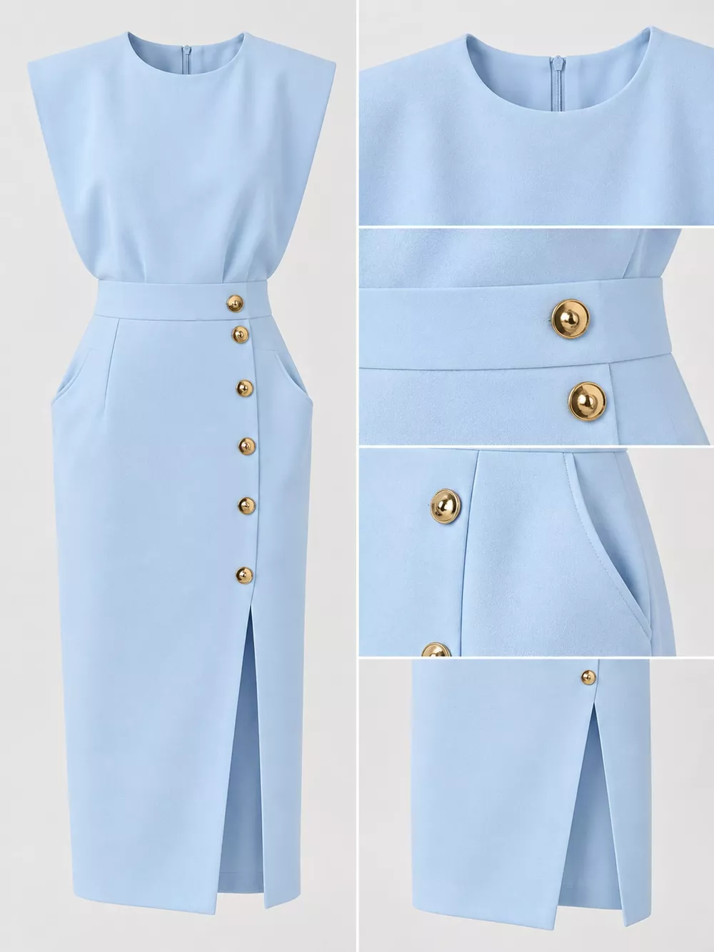 Sleeveless Midi Dress with Gold Button Detail and Side Slit, image 30