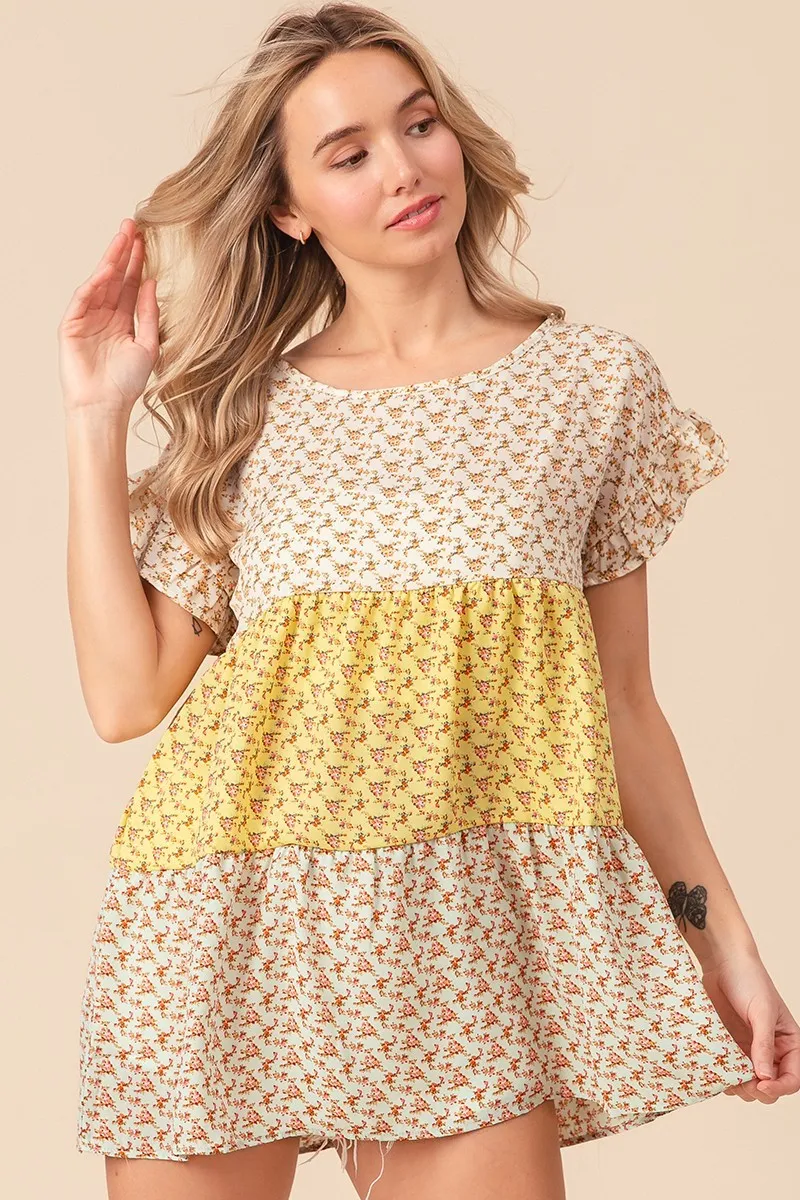 Flroal Printed Woven Color Block and Tiered Top, image 2