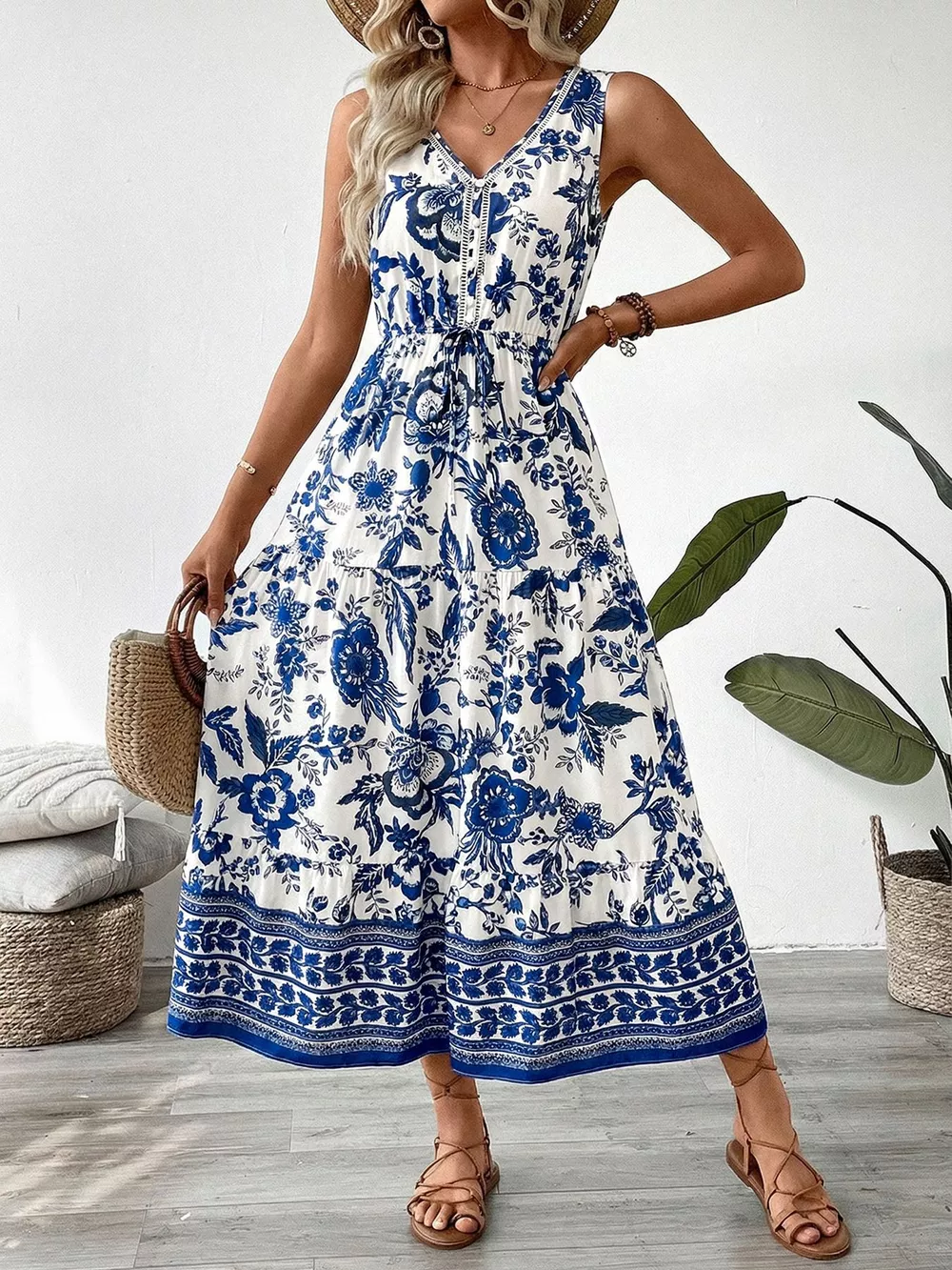 Floral Print Sleeveless V-neck Midi Dress, image 8