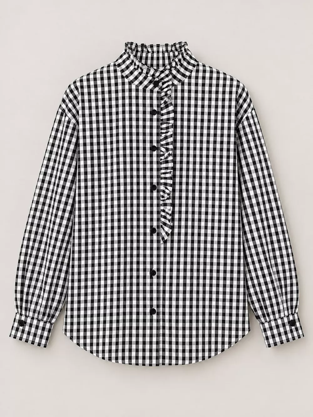 Gingham Ruffle Trim Stand Collar Shirt, image 18