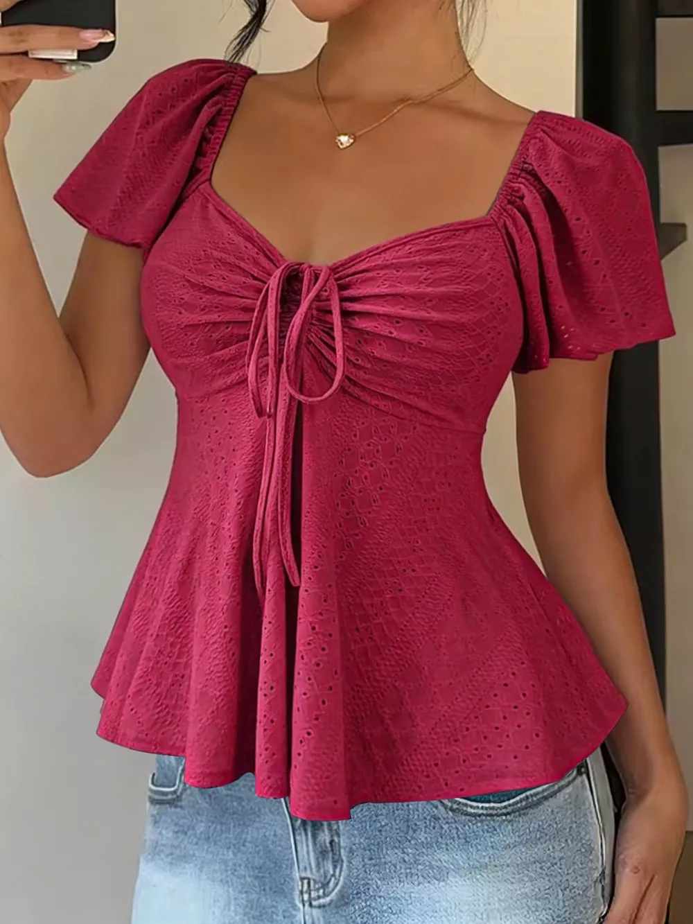 Ruched Flutter Sleeve Peplum Top, image 5