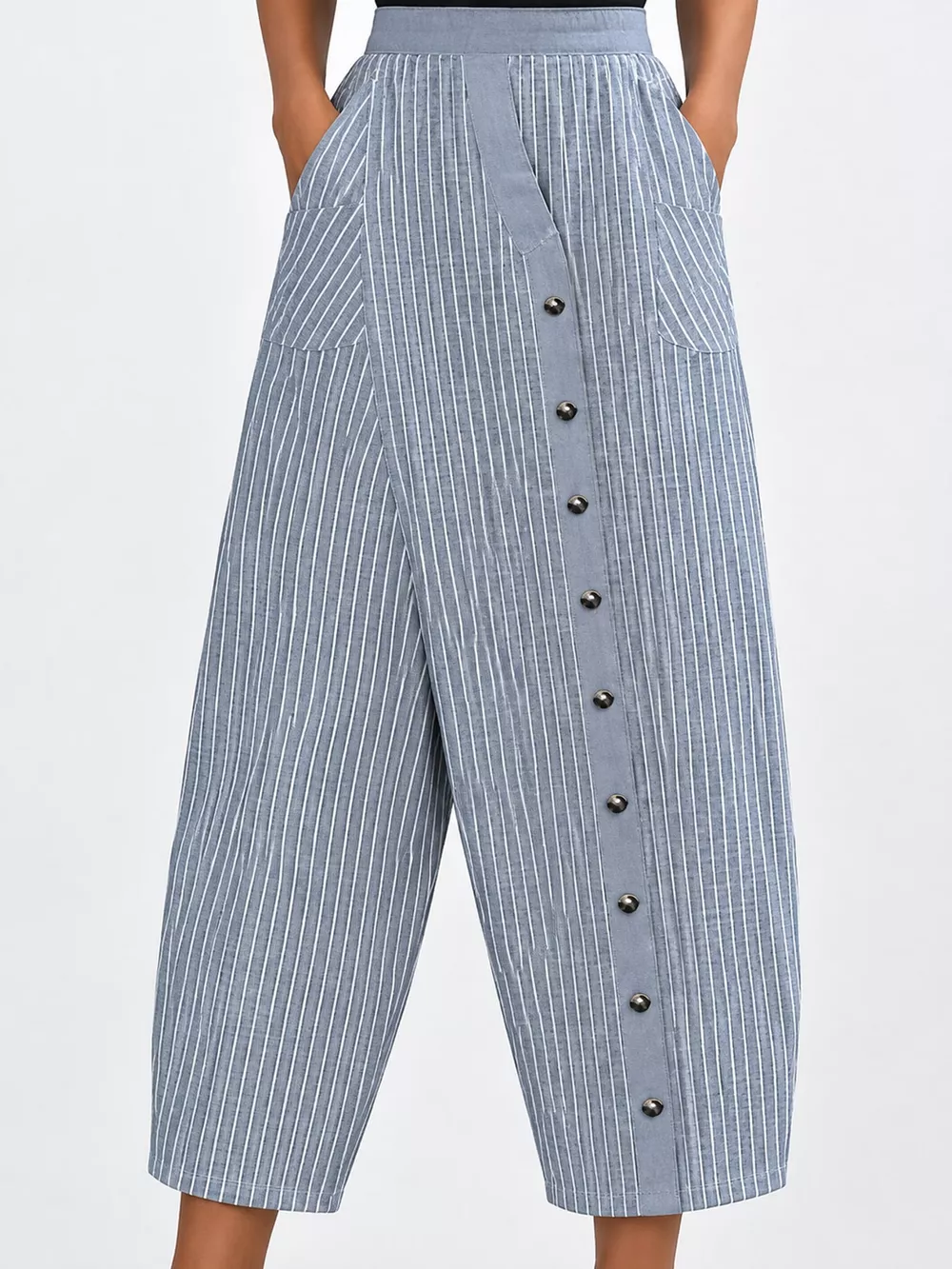 Striped Casual Pants with Side Button Detail, image 2