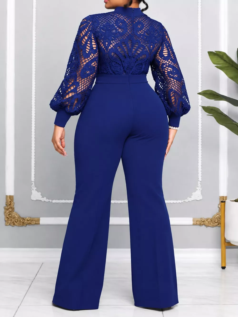 Full Size Lace Lantern Sleeve Flare Jumpsuit Plus Size, image 4