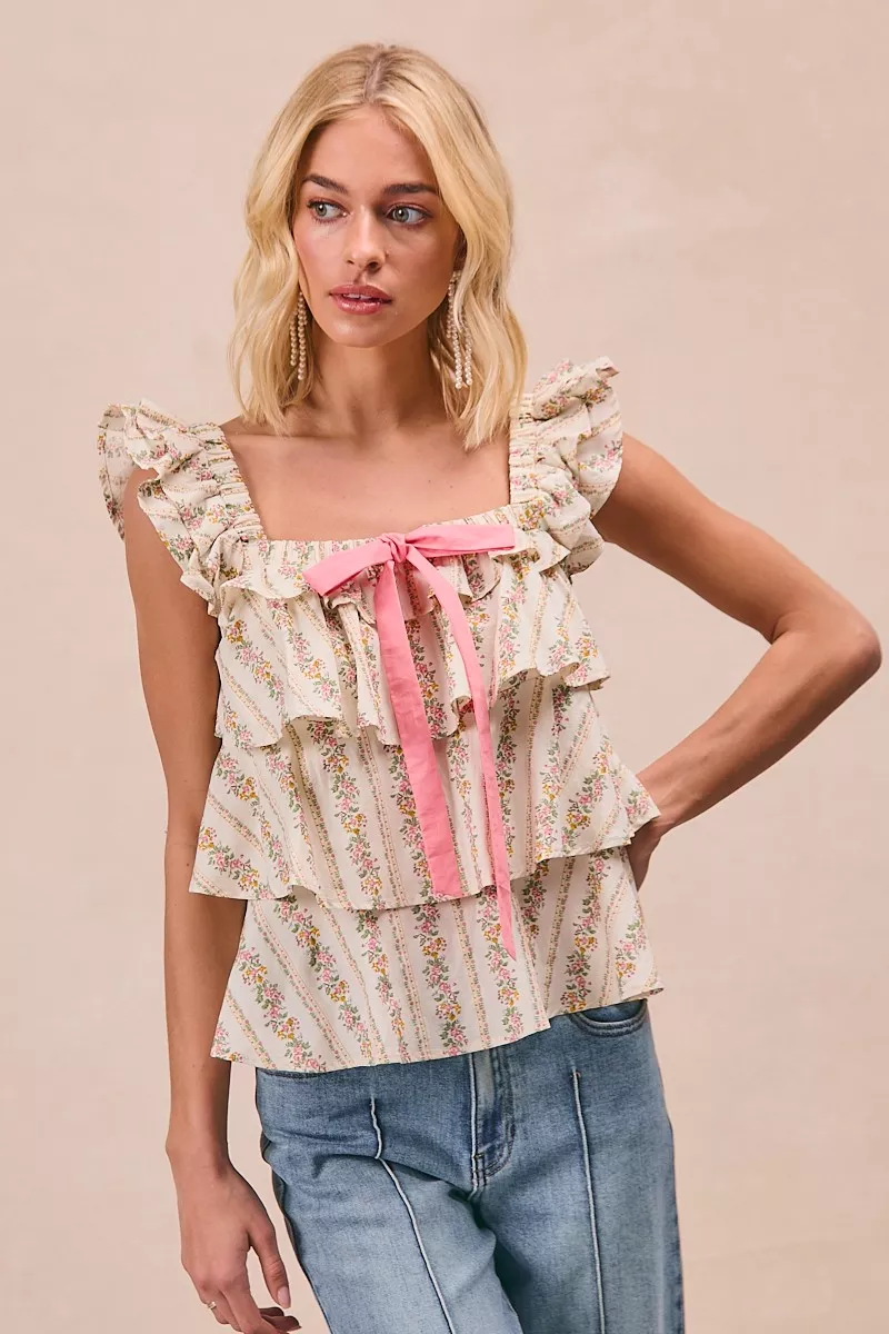 Floral Printed Woven Front Bow Tied Ruffled Square Neck Sleeveless Top, image 2